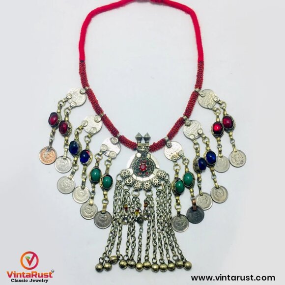 Dangling Coins and Stone Necklace, Beaded Necklace With Vintage Coins - Picture 4 of 6